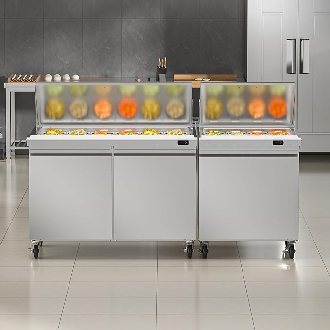 48" W Commercial Refrigerator Sandwich Salad Prep Table, 13.8 Cu.ft 2 Door Commercial Stainless Steel Mega Top Food Prep Fridge with 18 Pans, Salad Prep Station for Restaurant, Bar, Shop