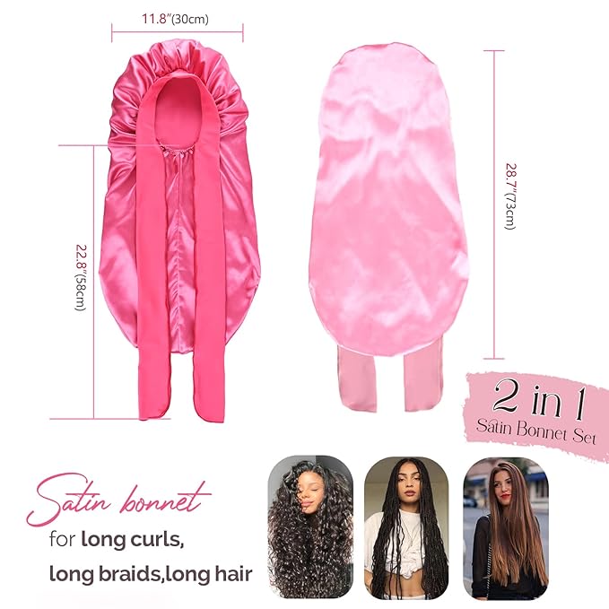 YANIBEST 2Pcs Silk Bonnet for Sleeping Braid Bonnet for Long Hair with Tie Band for Black Women Curly Hair Locs,Hot Pink&Pink