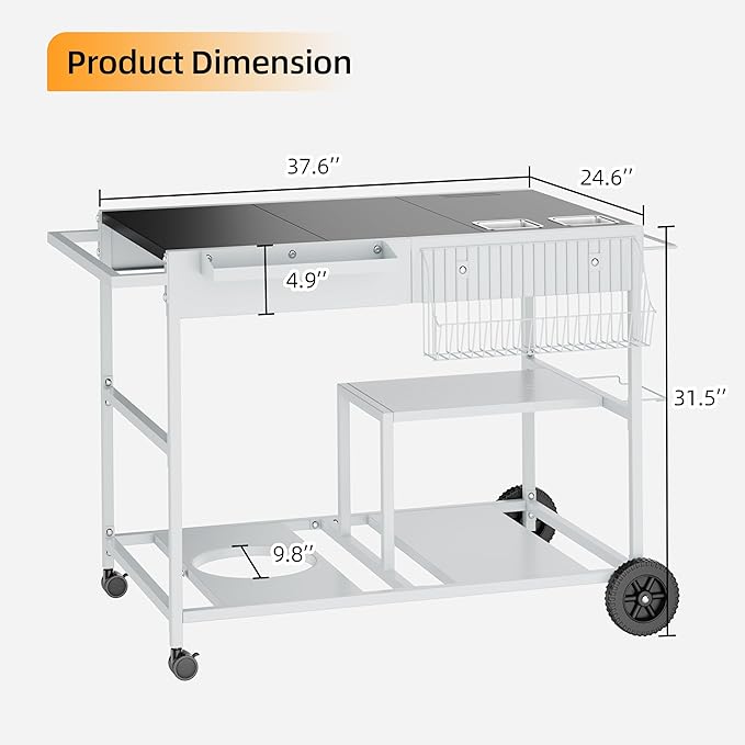 Vongrasig Pizza Oven Cart with Topping Station, Outdoor Grill Table Kitchen Island with Storage for Ninja Woodfire Blackstone Griddle Cuisinart etc Grill, Silver