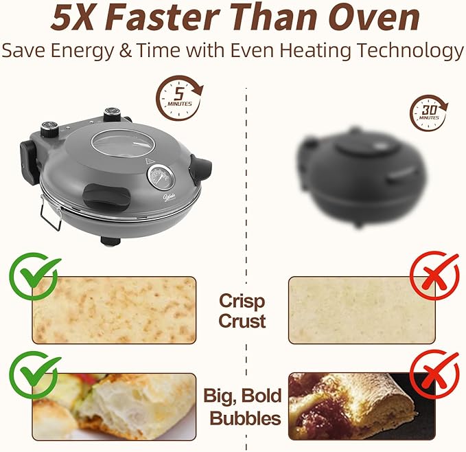 12" Electric Pizza Oven - Countertop Pizza Maker with Ceramic Stone, Heats up to 800°F, Portable Indoor Pizza Oven for Homemade Pizzas, Grey