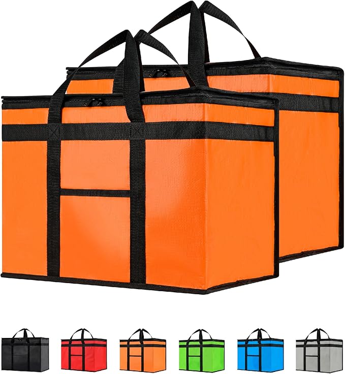 NZ home Insulated Bags for Food Delivery (XL Plus) Grocery Shopping Cooler Bag, Pizza Delivery, Hot & Cold Catering Tote, Reusable, Foldable & Heavy Duty (2 Pack, Orange)