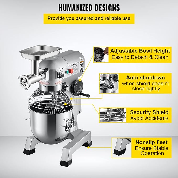 VEVOR Commercial Stand Mixer, 20Qt Stainless Steel Bowl, 1100W 2 in 1 Multifunctional Electric Food Mixer with Meat Grinder & 3 Speeds, Dough Hook Whisk Beater Included, Perfect for Bakery Pizzeria