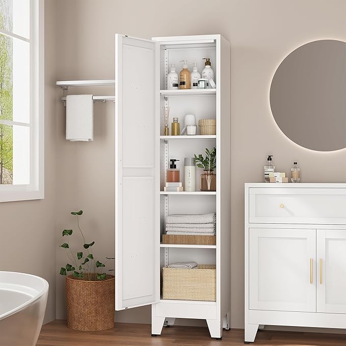 Narrow Bthroom Storage Cabinet Tall Metal Storage Cbinets with 4 Adjustable Shelves Freestanding 5 Tier Slim Pantry Cabinet for Kitchen Office Small Space