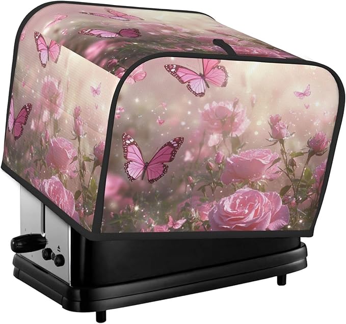 4 Slice Toaster Cover for Kitchen Spring Butterfly Rose Garden Waterproof and Dustproof Toaster Dust Cover with Side Pockets Decorative Universal Cover for Wide Slot Toasters and Small Appliances