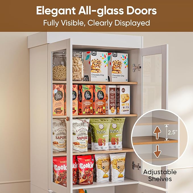 Vyre 71" Tall Farmhouse Kitchen Pantry, Large Storage Cabinets with Glass Doors, Hutch Cabinet with 3 Drawers, Adjustable Shelves for Living Room, Dining Room