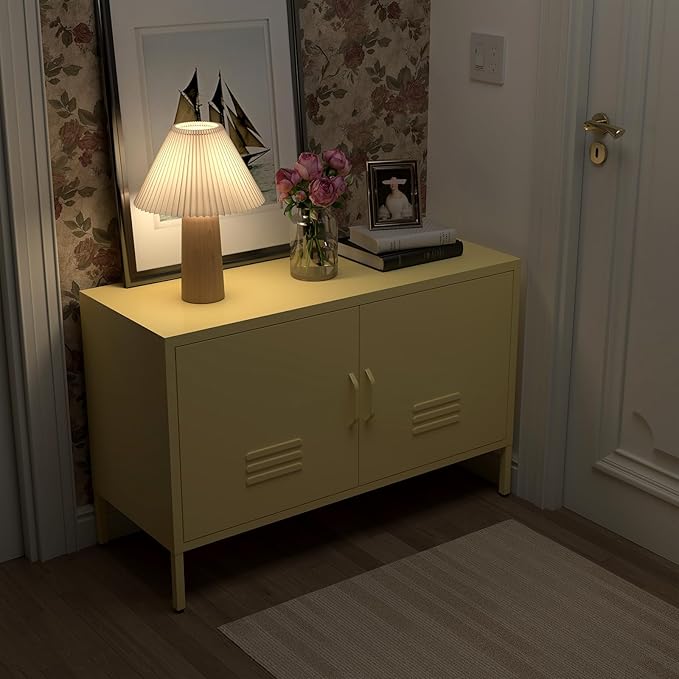 Storage Cabinet,Metal Cabinet with Doors,Morden TV Stands for Bedroom,Accent Cabinets for Bedroom,Entryway,Yellow