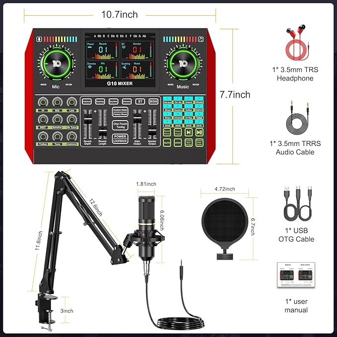 Podcast Equipment Bundle with 3.5mm Condenser Microphone for Pc/Phone Live Streaming Singing Gaming, Podcast Microphone Bundle with Live Sound Board Audio Mixer Denoise,DJ Sets