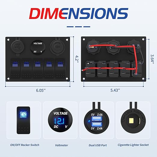 Waterproof Marine Switch Panel, 5 Gang Rocker Switch Panel 12V/24V Aluminum for Boat, 4.8A Dual USB Port, Cigarette Lighter Socket, LED Voltmeter, Pre-Wired 12 Volt Switch Panel for RV, Truck, Yacht