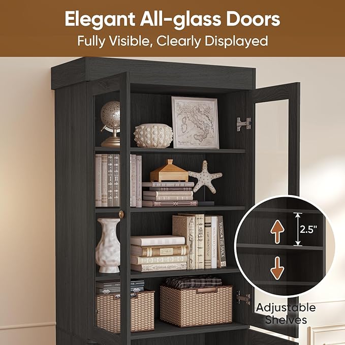 Vyre 71" Tall Farmhouse Kitchen Pantry, Set of 3 Large Storage Cabinets with Glass Doors, Adjustable Shelves, Wood Versatile Hutch Cabinet for Living Room, Dining Room, Black