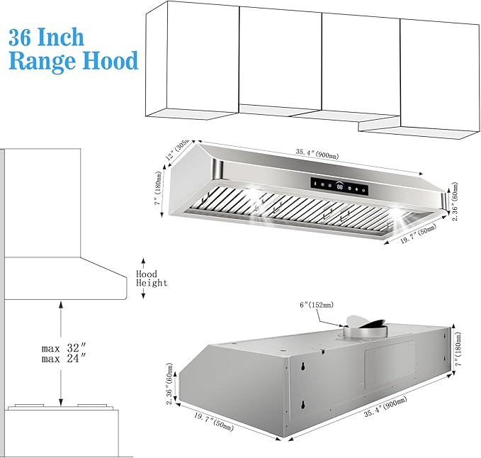 36 inch Range Hood Under Cabinet, 1200 CFM with 4-Speed Gesture Sensing & Touch Control, Stainless Steel Kitchen Stove Vent Hoods with 2 LED Lights, Time Setting, Dishwasher-Safe Baffle Filters