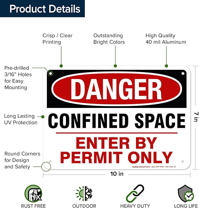 Danger Confined Space Enter By Permit Only Sign, 7x10 Inches, Rust Free .040 Aluminum, Fade Resistant, Made in USA by My Sign Center