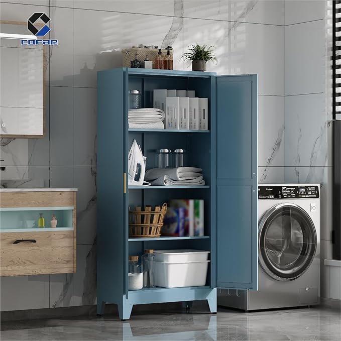 COFaR Metal Storage Cabinet, 61 in Tall Metal Cabinet with 3 Adjustable Shelves and Barn Doors, Farmhouse Cupboard Storage for Kitchen Pantry Garage, 4-Tier Peacock Blue
