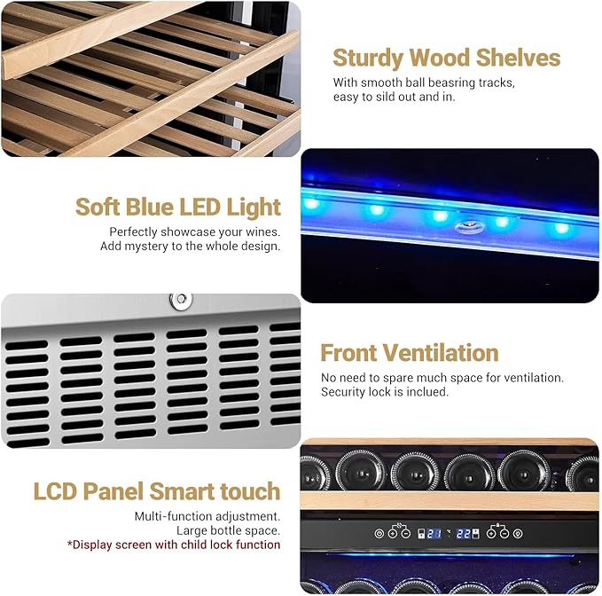 AAOBOSI 24 Inch Wine Cooler,46 Bottle -Dual Zone Built-in or Freestanding with Blue LED Light and Adjustable Shelves for Home,Kitchen or Office.
