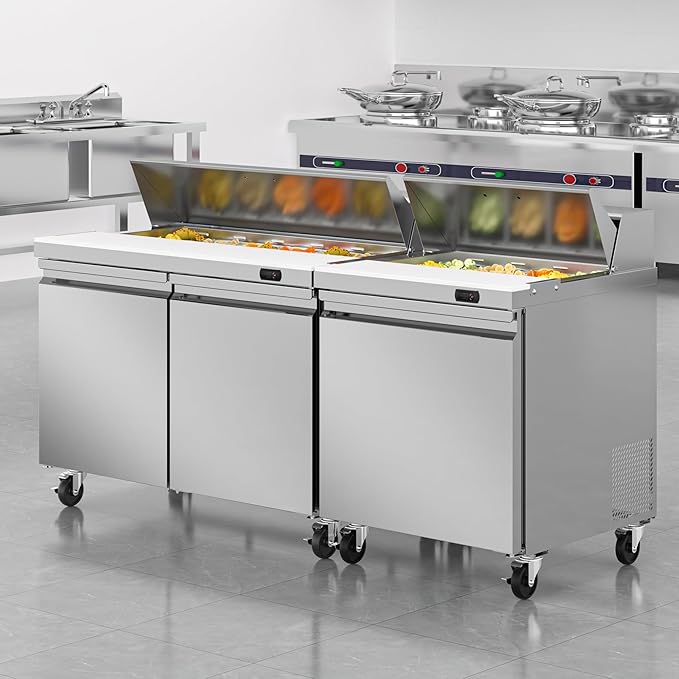 48" W Commercial Sandwich Prep Table Refrigerator, 13.8 Cu.ft Commercial Salad Bar with 12 Pans, Stainless Steel Refrigerated Sandwich Prep Table 2 Solid Door for Restaurant, Bar, Shop, etc.