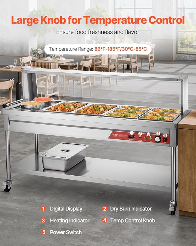 VEVOR Commercial Food Warmer, 8 Pans + 2 Pots Electric Steam Table, 1800W Professional Buffet Catering Food Warmer with Shield Undershelf Wheels, Stainless Steel Server for Party Restaurant