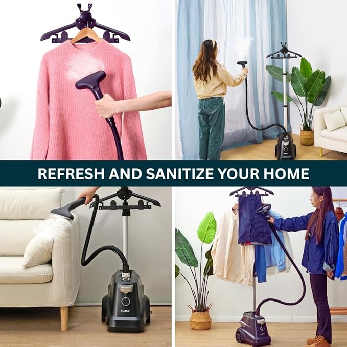 True & Tidy® Heavy-Duty Industrial Standing Garment Steamer for Clothes, 1800 watts, Extra Large 3L water tank 90+ mins of Steam Time (Matte Black, Smart Auto-Off Commercial Garment Steamer)