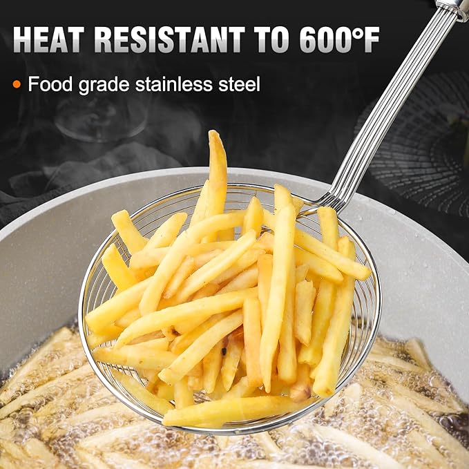 Walfos Spider Strainer, Set of 2-5.5 Inch Stainless Steel Fryer Scoop & 4 inch Fat Skimmer Spoon, Kitchen Spider Skimmer Strainer With Handle, For Cooking Deep Fryer, Pasta, Egg,Fat
