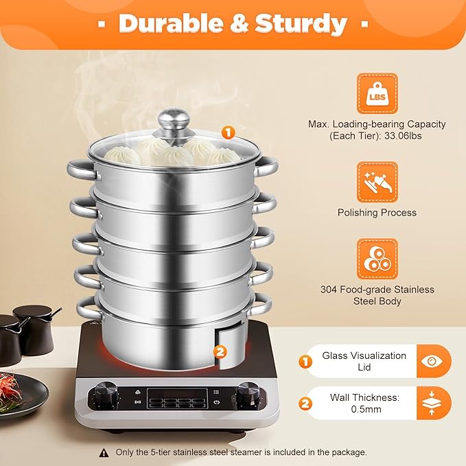 Steamer 26cm/10.24in, 5-tier Stainless Steel Steam Cooker w/Clear Glass Lid & Handles, Home Round Stackable Multipurpose Steam Pot for All Stoves, 12.59 * 15.74in (1xBottom Pot, 4xSteaming Baskets)