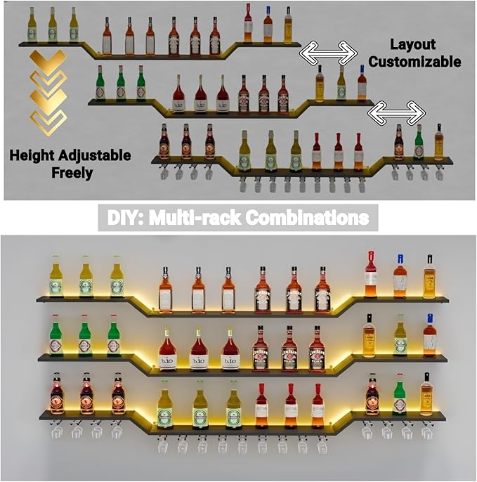 55.1" Wall Mounted LED Wine Rack, 3-Tier Floating Bar Shelves, Large Liquor Shelf with Wine Glass Rack, Large Bar Rack Wall Mounted for Liquor Bottles, Home Bar, Dining Room or Cafe, Gold