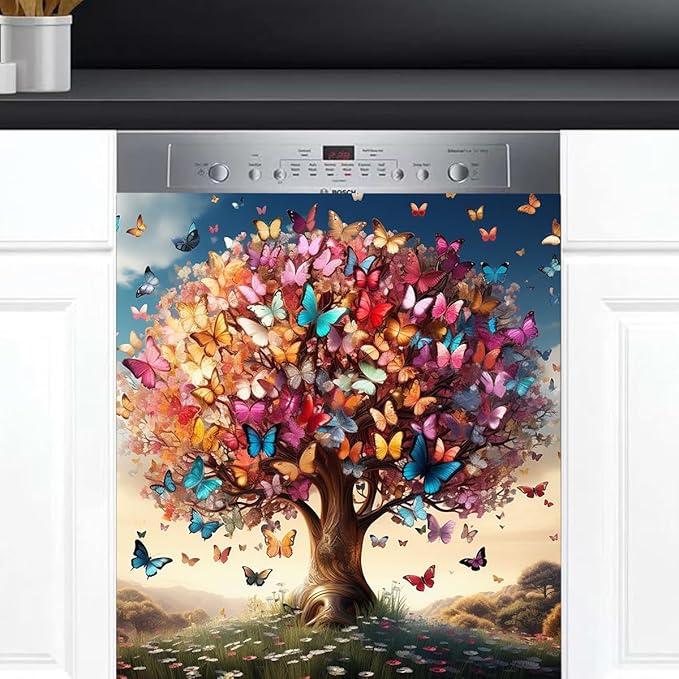 Spring Butterfly Tree Dishwasher Magnet Cover Animal Tree Butterfly Dishwasher Decorative Cover Front Dishwasher Door Cover Reuseable Dishwasher Cover for Kitchen Home Appliances 23" X 26"