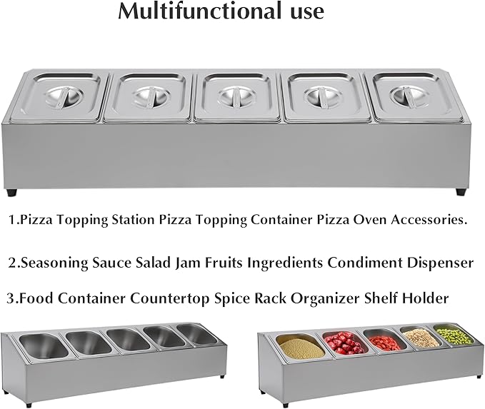Pizza Toppings Station Storage Condiment Organizer Divider Food Container with 5 Pans & Lids, Stainless Steel Kitchen Condiment Divider Pizza Prep Ingredients Holder, Grill Table Serving Tray