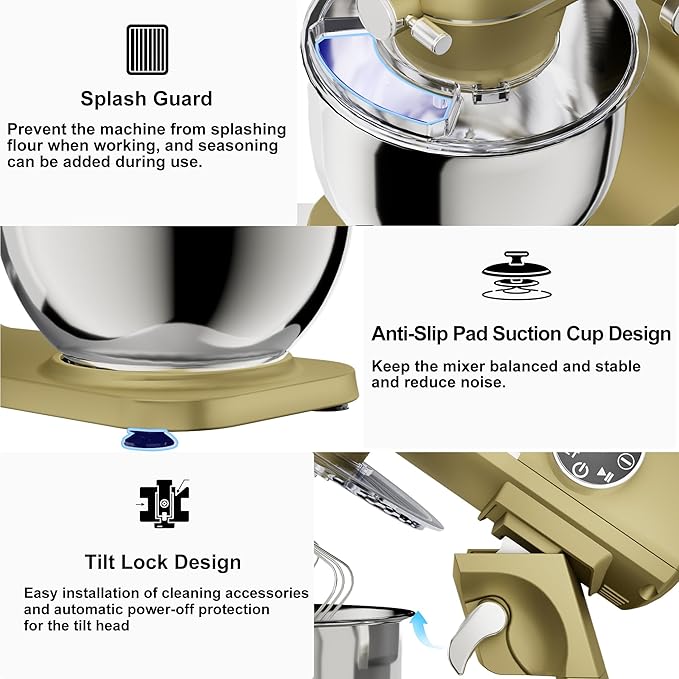 8.45 QT All Metal Stand Mixer,10 Speed Large Capacity Kitchen Mixer with Digital Timer & Tilt-Head, Electric Mixer with Whisk Dough Hook Mixing Beater for Baking,Cakes,Cookie,Bread,Salad (Champagne)