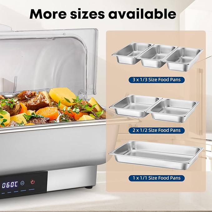 Electric Chafing Dish Buffet Server Set, Stainless Steel Full Size & Half-Size &Three-Section Food Pan with Temp Control, Roll Top Stainless Steel Food Warmers for Catering Buffet (A-02)