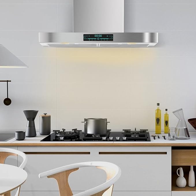 KMA-E30 Wall Mount Range Hood with 4-Speed Fan,900CFM Powerful Suction,30 Inch Stainless Steel Ducted Kitchen Vent Hood Extractor with Led Lights,Smart Touch Panel and Remote Control