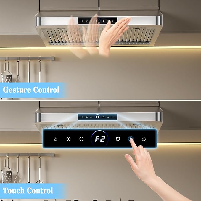36 inch Under Cabinet Range Hood 1200 CFM with 4-Speed Gesture Sensing & Touch Control, Stainless Steel Kitchen Stove Vent Hoods with 2 LED Lights, Time Setting, Dishwasher-Safe Baffle Filters