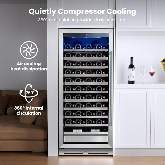 Yeego 24 Inch Wine Fridge Cooler - 89 Bottles Wine Cooler with Glass Door, 40-65℉ Built-In or Freestanding Wine Refrigerator with Door Lock and 2 Color LED for Kitchen Bar Office (Left-Hinged)