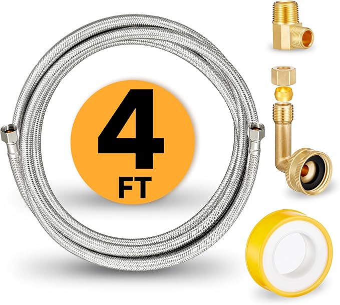Dishwasher Installation Kit, 4 FT Stainless Steel Braided Dishwasher Water Supply Line with Food-Grade PEX, 3/8" x 3/8" MIP & 3/8" x 3/4" FHT Elbow Connectors