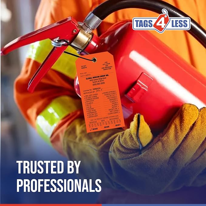 Tags 4 Less Custom Fire Extinguisher Tags – Preventative Maintenance Labels for Monthly Inspections, Alternative to Safety Sticker for Easy Record-Keeping – Pack of 100 (Orange, Vinyl Plastic)