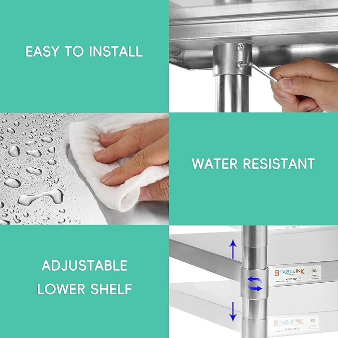 STABLEINK NSF Stainless Steel Prep Table 36x30 inches 3ft, Metal Work Table with Adjustable Undershelf and backsplash, for Commercial Kitchen, Restaurant, Home, Hotel and Garage