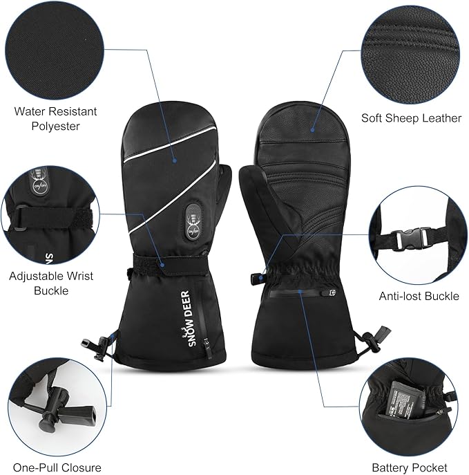 SNOW DEER Heated Mittens Gloves for Men and Women, 7.4V 2200MAH Electric Rechargeable Battery Ski for Winter Skiing Skating Snow Camping Hiking Heated Arthritis Hand Warmer Gloves