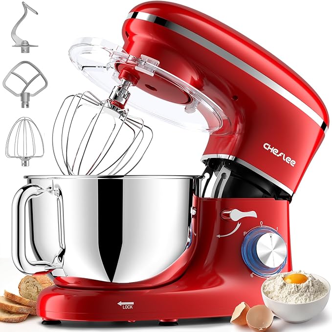 CHeflee Stand Mixer,660W 6+P With 6.5QT Stainless Steel Bowl,Dough Hook, Wire Whip & Beater,for Most Home Cooks (Red)