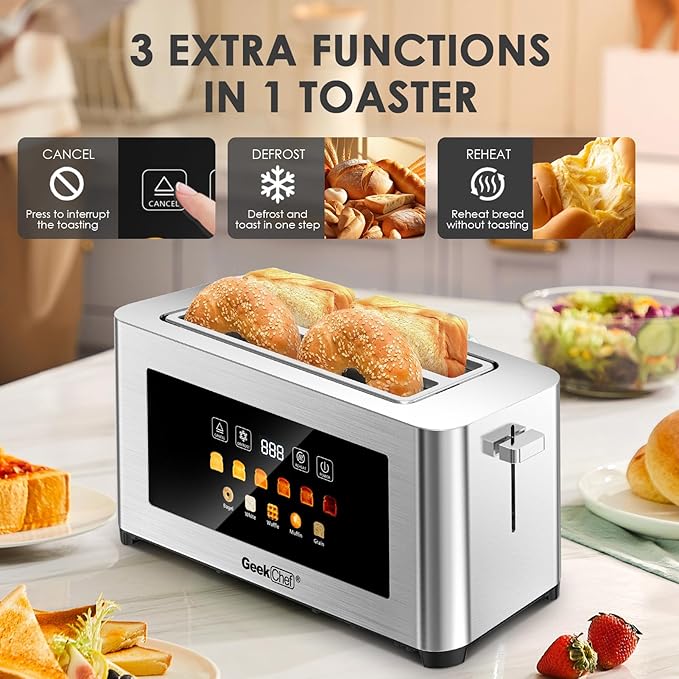 Geek Chef Toaster 4 Slice, Long Slots 1.5" Extra Wide Slots for Bagels & Waffles, TouchScreen, 6 Browning Levels, Timer, Defrost, Cancel Function, Auto Shut-Off, Removable Crumb Tray, Stainless Steel