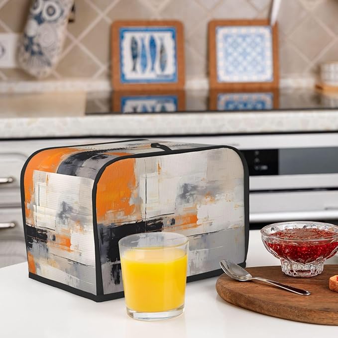 Toaster Cover 2 Slice Orange Gray Art Painting Waterproof Appliance Cover with Hang Loop Bread Baker Toaster Cover for Kitchen