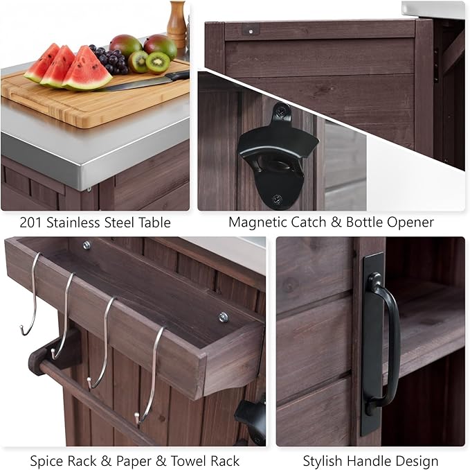 78.3" Outdoor Kitchen Island with Foldable Grill Table - Wooden Grill Cart with Stainless Steel Top, Trash Can Storage and Adjustable Shelves