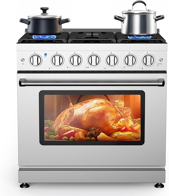 36" Freestanding Dual Fuel Range Oven Stove, Stainless Steel Gas Stove with 6 Sealed Burners and 6.0 Cu.Ft Electric Convection Oven, True Convection and Self-Cleaning, Perfect for Home or Commercial