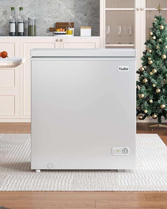TABU 7.0 Cubic Feet Chest Freezer, Energy Saving Chest Deep Freezer with 7 Level Adjustable Thermostat, Top Opening Compact Freezer with Removable Storage Basket (White)
