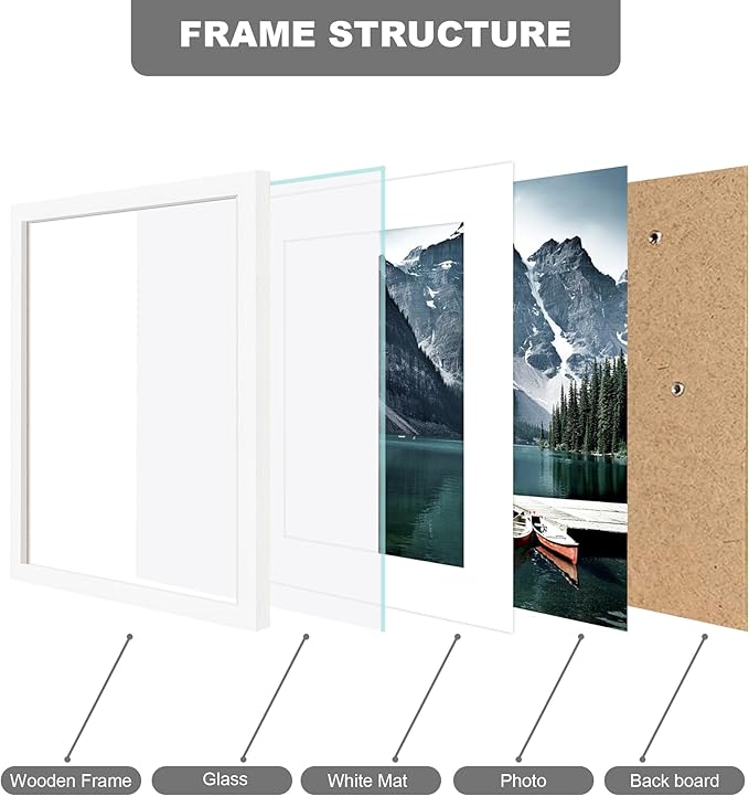 8x11 Picture Frame with Real Glass - Display Pictures 6x9 with Mat or 8 x 11 without Mat, Photo Frame for Wall or Table Top Display(White, 3 Pack)