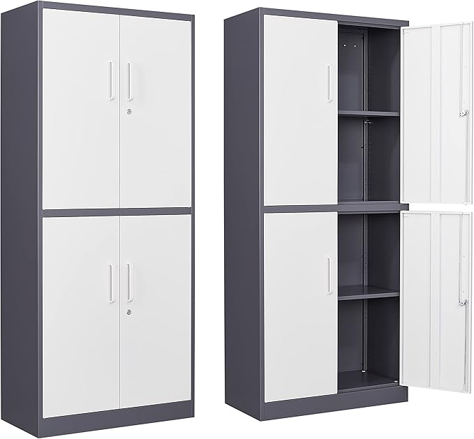 Yizosh Metal Storage Locking Cabinet with 4 Doors and 2 Adjustable Shelves,71" Lockable Garage Tall Steel Cabinet,for Home Office,Living Room,Pantry,Gym,Commercial Storage (Gray White)