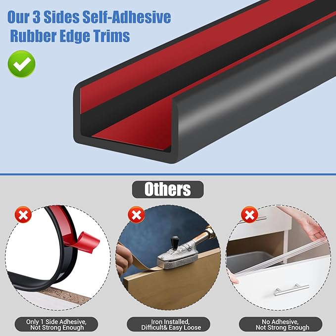 Rubber Edge Trim, 1-3/4 inches Self-Adhesive U Channel Edge Protector for Woods, Flexible U Shaped Peel and Stick Edge Banding, Edge Guard, Fit 1.75"(44mm), 10Ft, Black