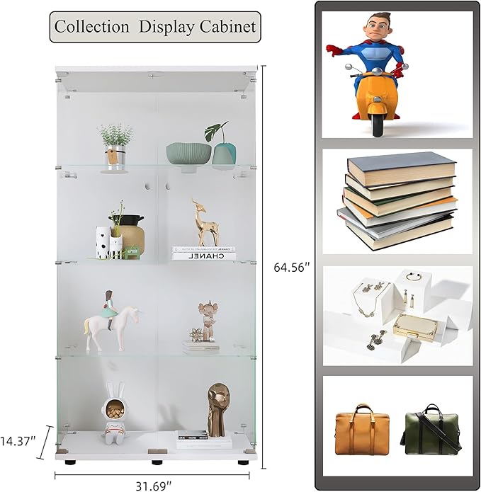 Frameless Glass Display Cabinet, Curio Cabinet Display Case with LED Lights and Lock, 2 Doors Quick-Install Floor Standing Showcase Display Shelf for Collectibles, Legos, Figures, Plants