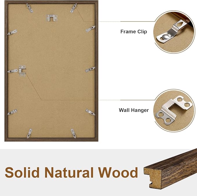 Vittanly 11x17 Picture Frame Set of 2, Solid Wood Frame for Wall Art Photo and Prints, Display Photo 8x12 with Mat or 11x17 without Mat, Brown