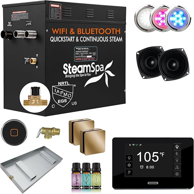SteamSpa Steam System 10.5kW Steam Shower Generator with Bluetooth Wifi, Quickstart Continous Steam, Advanced Touch Pad Screen, Chroma Lights, Drain Pan and Auto Drain Gold RVBS1050GD-A