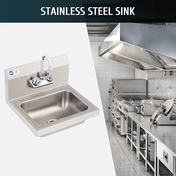 WILPREP Hand Sink Commercial Stainless Steel Sink for Washing, NSF Utility Sink with Gooseneck Faucet, Wall Mount Kitchen Sink for Restaurant Bar RV Bathroom Laundry Room (17 x 15 Inches)