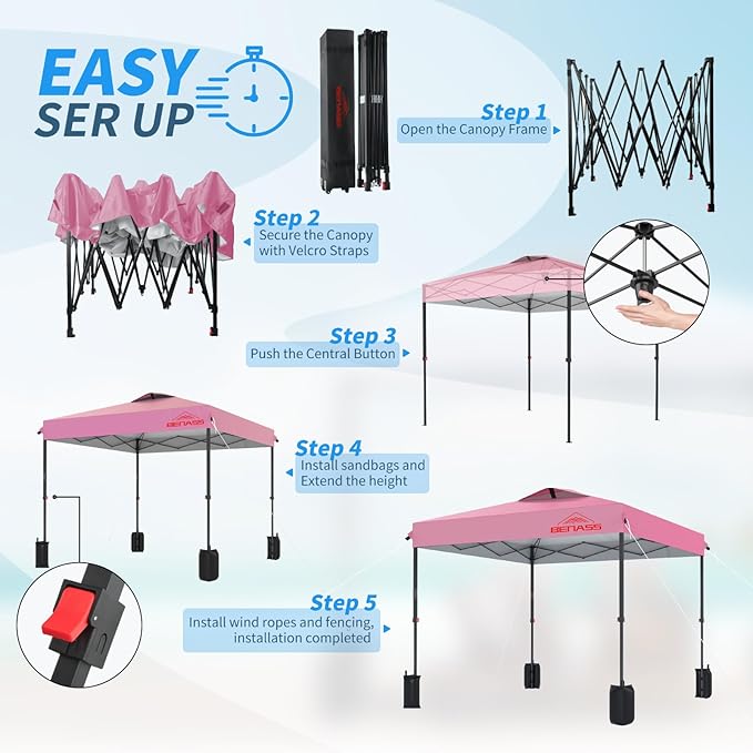 8x8 Pop Up Canopy, Easy Up Canopy Tent, Heavy Duty Tents for Parties, One Person Set Up Event Tent, Pink