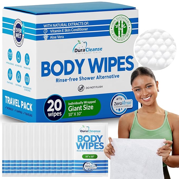 Body Wipes for Adults Bathing No Rinse - 20 Count Travel Shower Wipes - 10 x 11.5" Individually Wrapped Thick Cleansing Waterless Wash Scrubs - Disposable Washcloths for Camping & Elderly Incontinence