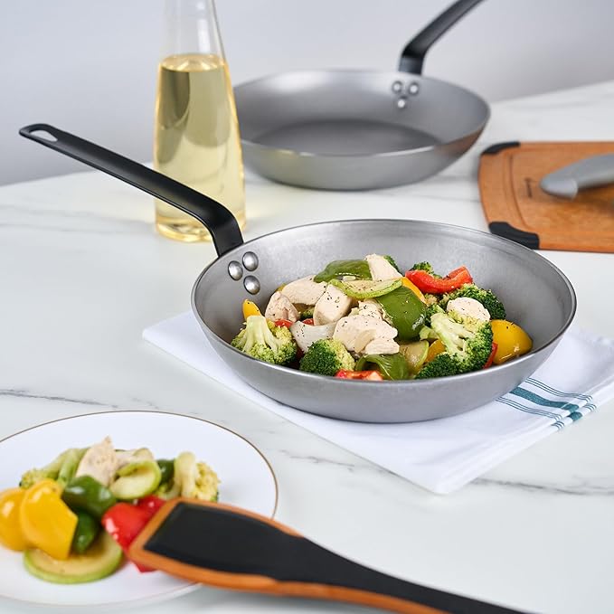 Restaurantware Met Lux 10 Inch Fry Pans, 6 No-Stick Frying Pans - Induction-Ready, Triple-Riveted, Silver Carbon Steel Cooking Skillets, Durable, For Searing, Sauteing, And Browning Food